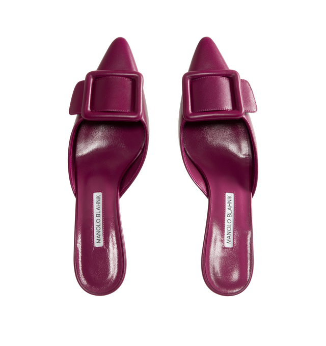 Image 4 of 4 - PURPLE - Manolo Blahnik Maysale nappa leather pointed-toe mules featuring a leather-covered buckle and 50mm kitten heel. 100% leather. Made in Italy. 