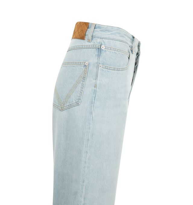 Image 3 of 3 - BLUE - Bottega Veneta Turned Up Jeans are a 5-pocket style with wide legs and a mid-waist rise, they have turned-up hems and a rear suede patch. 100% cotton. Made in Italy.   