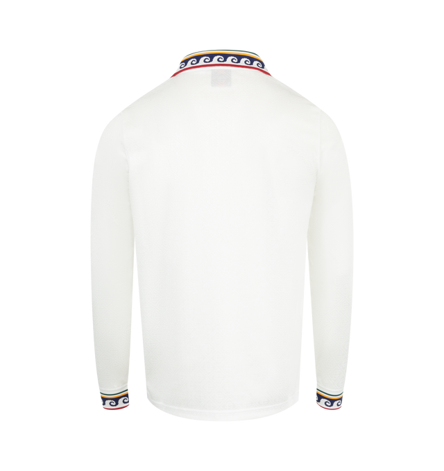 Image 2 of 2 - WHITE - Casablanca Long Sleeve Football Shirt has a slight V-neck with a collar, graphics at the front, sleeves, cuffs, and collar, and a relaxed fit. 100% polyester. Made in Portugal. 