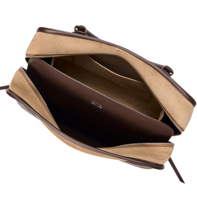 Image 11 of 16 - BROWN - Loewe Mens Amazona 180 XL Bag is crafted from suede with soft calfskin details. Features a relaxed silhouette, single toron top handle, removable shoulder handle, adjustable crossbody strap, zip closure with two leather pullers, two compartments with concealed magnetic closure, interior flat pocket, side D-ring, suede and nappa lambskin lining, palladium-tone hardware, and embossed LOEWE and Double L branding. Dimensions: 40  31  16 cm; Strap Length: 105133 cm; Strap Drop: 4761 cm;  