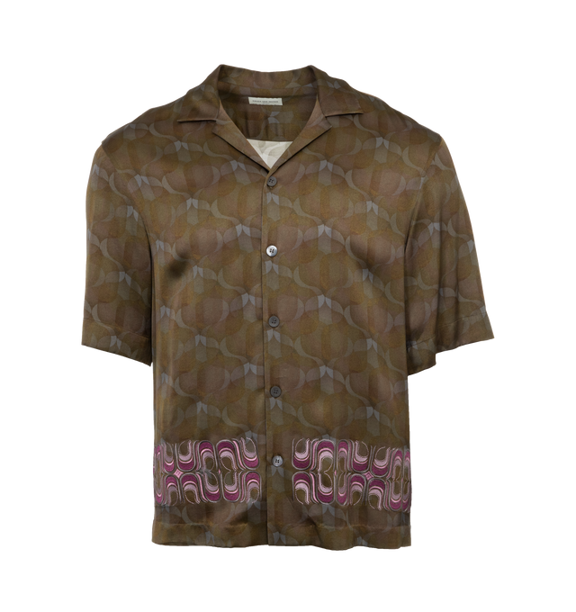 Image 1 of 3 - BROWN - DRIES VAN NOTEN Printed Shirt featuring camp collar, boxy fit, short sleeves, button front closure and print throughout. 100% viscose. 