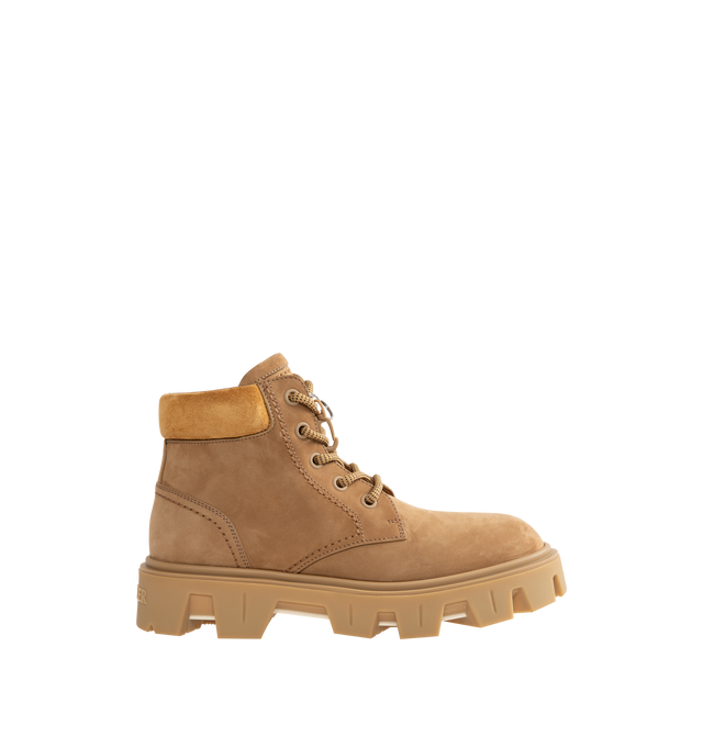 Image 1 of 4 - NEUTRAL - Moncler Mens Peak City Lace-Up Boots feature a nubuck and suede upper. Designed with a lace-up closure, leather welt, leather and mesh lining, cushioned back collar, rubberized TPU outsole, 13.5 cm shaft height, and 4 cm sole. Upper: Cow Leather; Lining: Cow Leather and 100% Polyamide/Nylon; Sole: 100% Elastodiene. Made in Italy. 