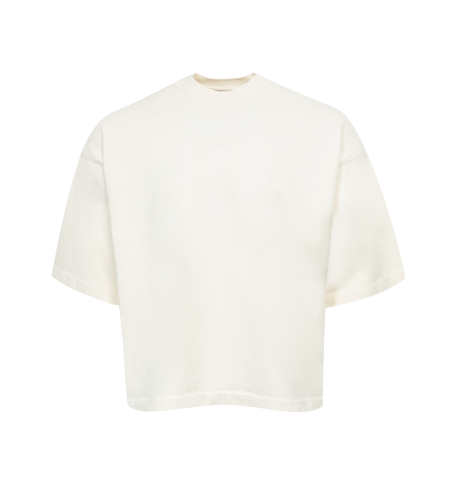 Image 1 of 2 - WHITE - FEAR OF GOD Airbrush 8 T-Shirt featuring heavyweight garment-washed cotton, rib knit crewneck, faded text at chest, dropped shoulders and leather logo patch at back collar. 100% cotton. Made in United States. 
