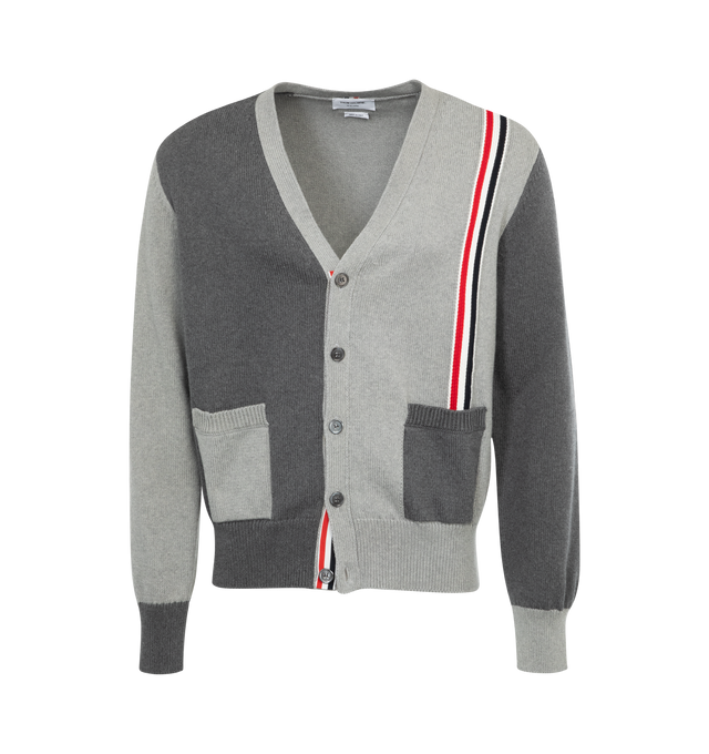 GREY - THOM BROWNE Funmix 4-Bar Cardigan featuring signature grosgrain loop tab, v-neck, contrasting panel detail, signature 4-Bar stripe, long sleeves, front button fastening, buttoned cuffs, RWB stripe and two front pockets. 100% cotton. 
