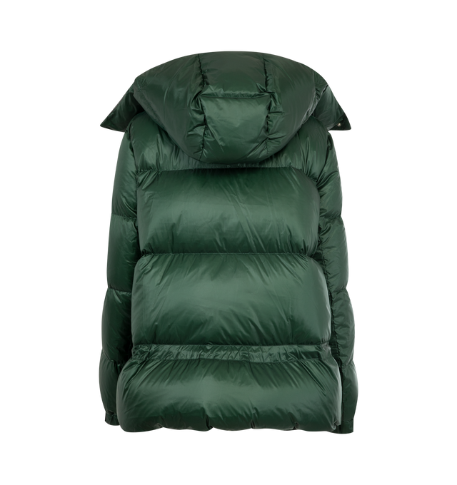 Image 2 of 4 - GREEN - SACAI Puffer Jacket featuring a removable hood, long sleeves with elasticized cuffs, front pockets, drawstring waist and concealed snap button front with a zip overlay. 100% nylon. 