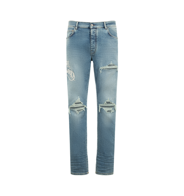 Image 1 of 3 - BLUE - Amiri Mens Hollywood MX1 Jeans are crafted from stretch denim with a hand-distressed finish. Feature a slim fit, five-pocket styling, pleated denim repair panels, satin embroidered detailing, button and zip closure, and signature MX1 construction. Main Material: 92% Cotton, 6% Elastomultiester, 2% Elastane. Made in Italy. 