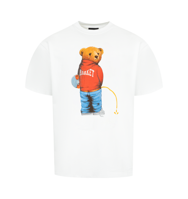 Image 1 of 2 - WHITE - Market Men's Trouble Making Bear T-Shirt is crafted from premium cotton and features a classic crew neckline, short sleeves, and signature Trouble Making Bear graphic artwork for a playful streetwear-inspired look. This designer graphic T-shirt combines exceptional everyday comfort with Market's bold, contemporary aesthetic, creating an effortless statement piece for casual styling. Main Material: 100% Cotton. 