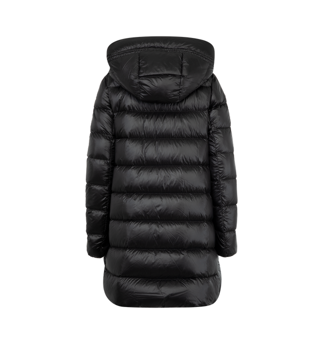 Image 2 of 3 - BLACK - MONCLER Suyenne Hooded Mid-Length Down Jacket featuring recycled longue saison lining, down-filled, adjustable hood, zipper closure, pockets with snap button closure, elastic cuffs and logo patch. 100% polyamide/nylon. Padding: 90% down, 10% feather. 