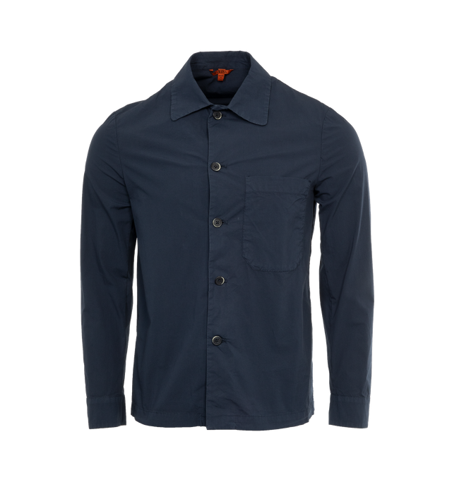 Image 1 of 3 - BLUE - BARENA VENEZIA Utilitarian Overshirt brnings a tailor touch to a classic workwear silhouette. It features a regular length and fit, long sleeves, patch chest pocket,full button closure,buttoned cuffs and pointed collar. Parachute stretch cotton, garment dyed. 97% Cotton 3% Elastane. 