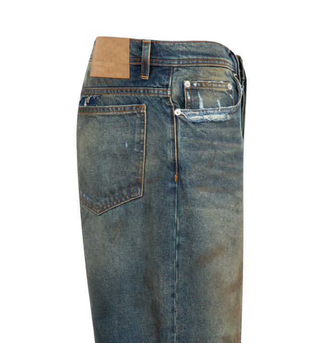 Image 3 of 3 - BLUE - Enfants Riches Deprimes Corpse Pose Jeans are a 5-pocket style with a button fly, overall distressing, and an embossed logo patch. 100% cotton. Made in USA.  