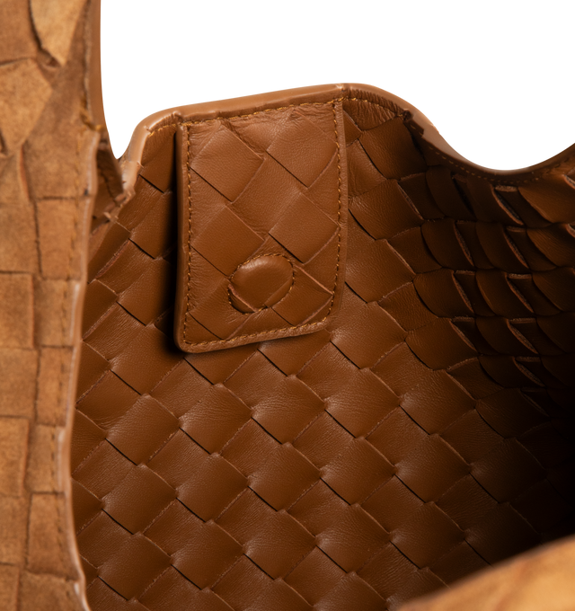 Image 3 of 3 - BROWN - BOTTEGA VENETA Large Campana Bag featuring shoulder bag with archival silhouette in soft Intrecciato suede, internal zipped pocket and leather tie closure with hidden magnet. 9.4" x 15.4" x 7.3". Calfskin. Made in Italy. 