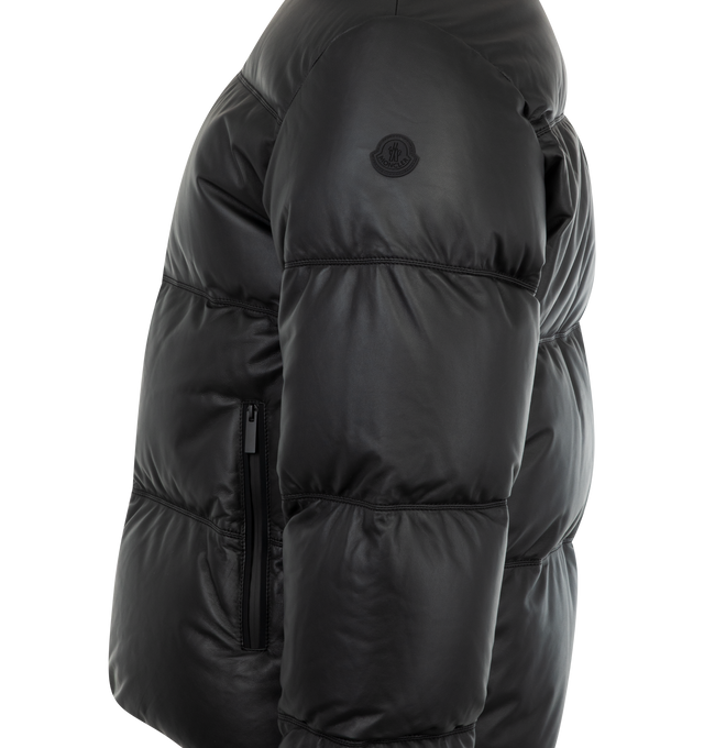 Image 3 of 3 - BLACK - Moncler Ligont Down Jacket is designed in soft nappa leather with a micro soft technique lining, stand collar, 2-way zipper closure, and zipper pockets. Nappa leather. Padding: 90% down, 10% feather. Made in Romania.  