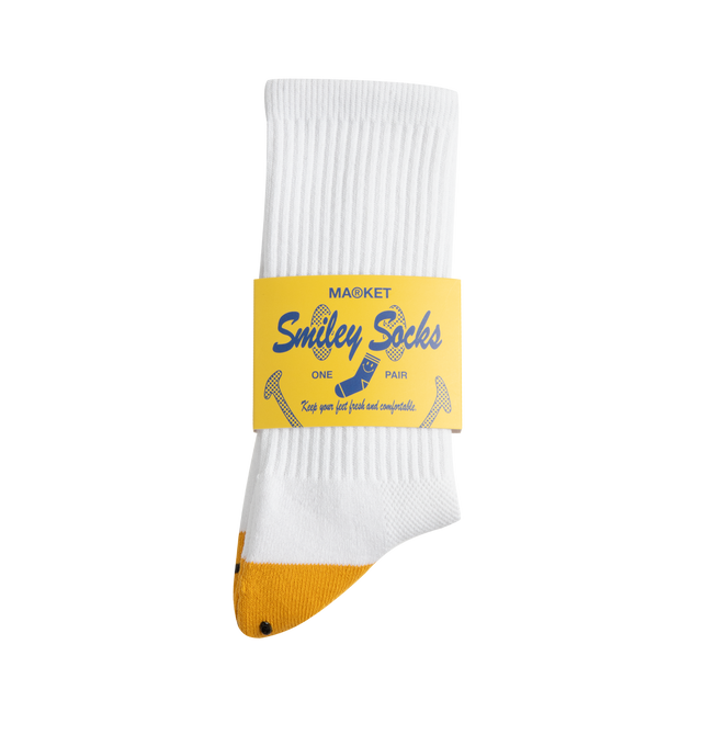 Image 5 of 5 - WHITE - MARKET Smiley Heel Socks featuring a soft and stretchy cotton/spandex blend, comfortable, breathable fit and Smiley graphic on the heel. 
