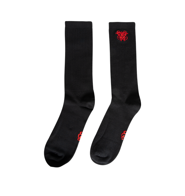 Image 2 of 2 - BLACK - UGG x Willy Chavarria Sock is crafted in 100% cotton with red graphic embroidery complementing the aesthetics of the unisex UGG x Willy Chavarria footwear line and apparel. 