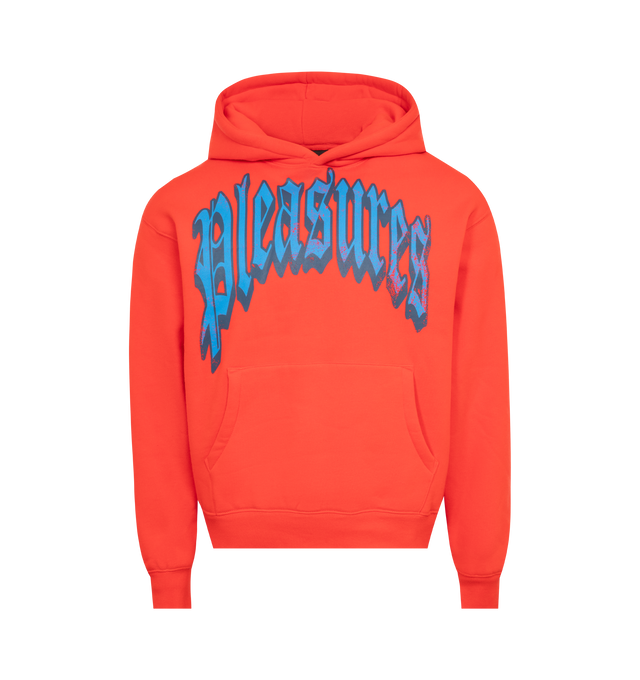 Image 1 of 2 - ORANGE - PLEASURES Twitch Hoodie featuring fixed hood, kangaroo pocket, ribbed cuffs and hem and graphic on front. 65% cotton, 35% polyester. 
