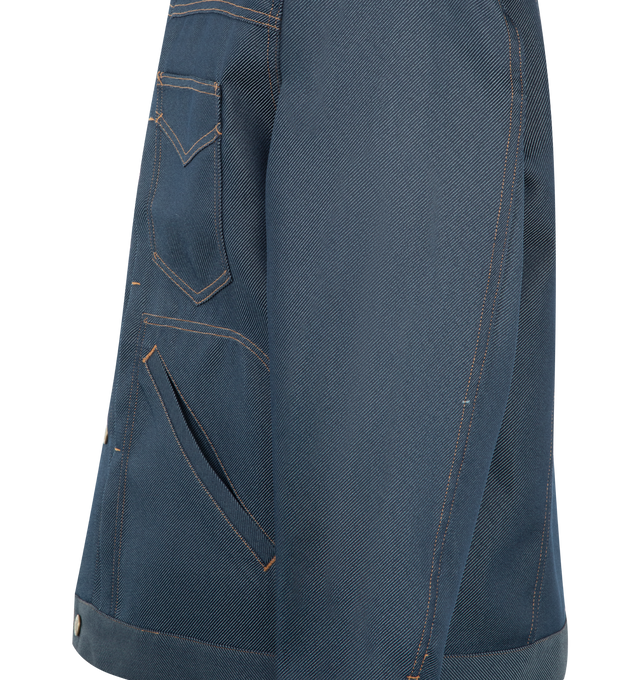 Image 3 of 3 - BLUE - NEEDLES Penny Jean Jacket in poly twill featuring snap button closure, four front pockets, classic collar, contrast stitching and button cuffs. 100% polyester. 