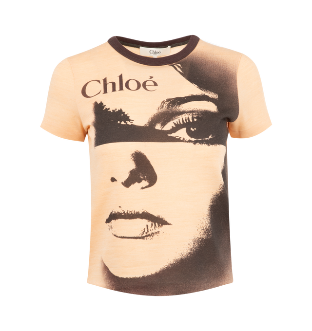 Image 1 of 2 - ORANGE - CHLOE Crew-neck logo T-shirt featuring a large portrait print and Chlo logo at the front, finished with a contrast neckline. 59% polyester, 41% wool. 