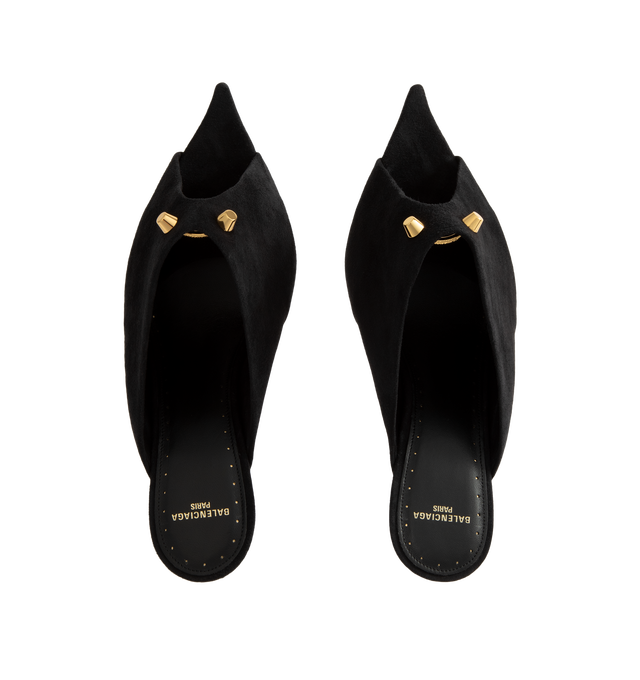 Image 4 of 4 - BLACK - Balenciaga Women's Midnight City Mule is crafted from suede goatskin and features an open-toe silhouette, a deep low-cut vamp, and a sculptural construction. Adorned with two signature City studs, this elevated mule is finished with a sculptural heel, Balenciaga Paris logo at the insole, small gold perforations along the insole edges, a tone-on-tone covered heel, and a black sole. Main Material: Goatskin Suede. Sole: Calfskin. Insole: Lambskin. Heel Height: 95 mm / 3.7 in. Made in Ita 