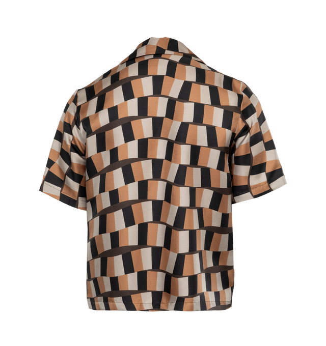 MULTI - AMIRI SNAKE CHECKER BOWLING SHIRT has a multi-colored black, tan and peach checkered print all over with brown lines in between checkered rows with a front button closure, spread collar, short sleeves and a front Amiri logo on the left chest. 100% cotton.