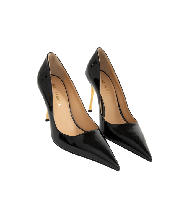 Image 2 of 4 - BLACK - Mach & Mach Women's Supernova Gold Heel Pump is crafted from glossy patent leather and features an elegant pointed-toe silhouette with a 95mm heel. Designed with a gold heel design for a refined statement. Main Material: Patent Leather.  Made in Italy. 