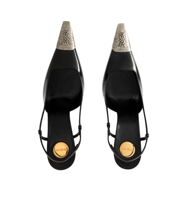 Image 4 of 4 - BLACK - SAINT LAURENT Jeanne Slingback Pumps in glazed leather featuring a square pointed metal cap toe decorated with a cassandre martel, a square-cut vamp, stiletto heel, leather sole, round saint laurent-engraved metal plaque on the insole and elasticized slingback strap. 3.5 inch heel. Calfskin. Made in Italy. 