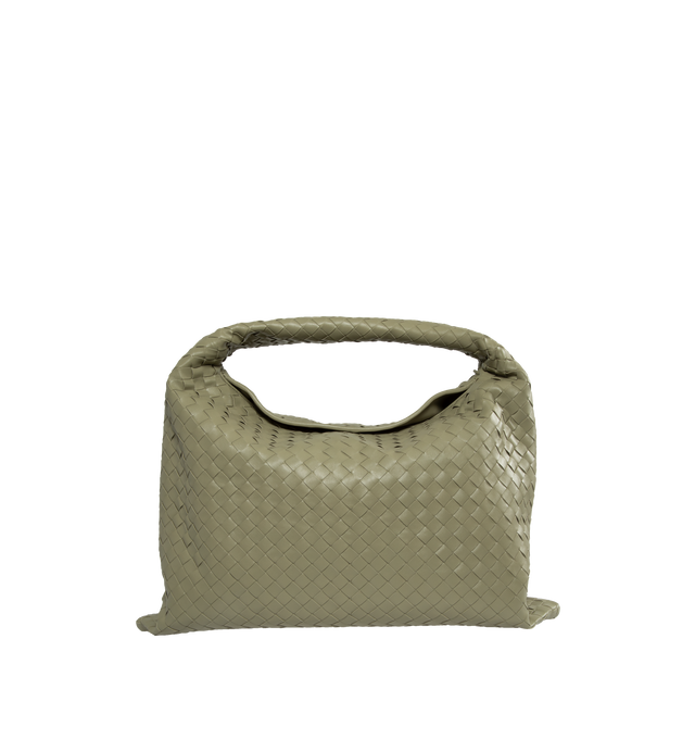 NEUTRAL - Bottega Veneta Shoulder Bag with Intrecciato craftsmanship in calfskin leather. Features one internal zippered pocket, flap closure secured with magnet, brass finish hardware. Meausres 9.4 inches tall x 21.3 inches wide x 5.1 inches deep with 10.6 inch handle drop. 100% Calfskin with Calfskin lining. Made in Italy. 