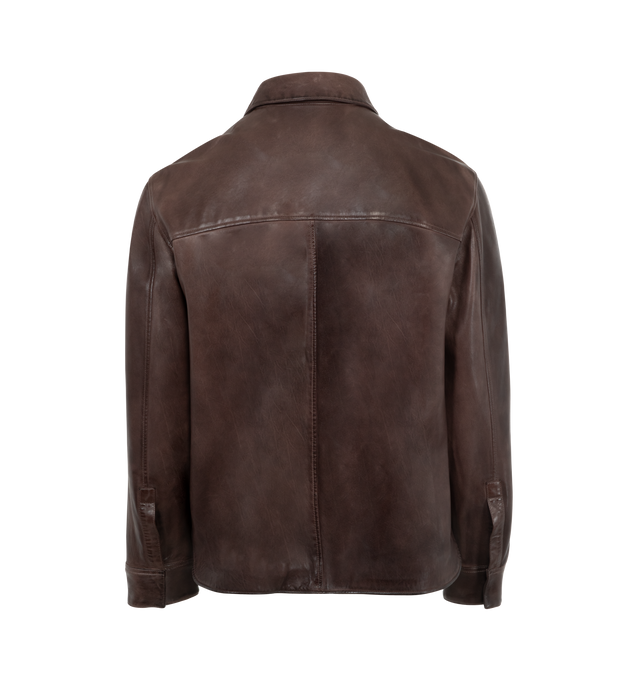 Image 2 of 3 - BROWN - Loewe Men's Overshirt crafted from lightweight vintage-effect nappa lambskin with a garment-dyed finish featuring a chest patch pocket with an embossed Anagram. Relaxed fit, regular length with classic collar, concealed snap button and two-way zip front fastening, buttoned cuffs, welt pockets, inside welt pocket, fully lined. Material - nappa lambskin leather. Made in Italy. 