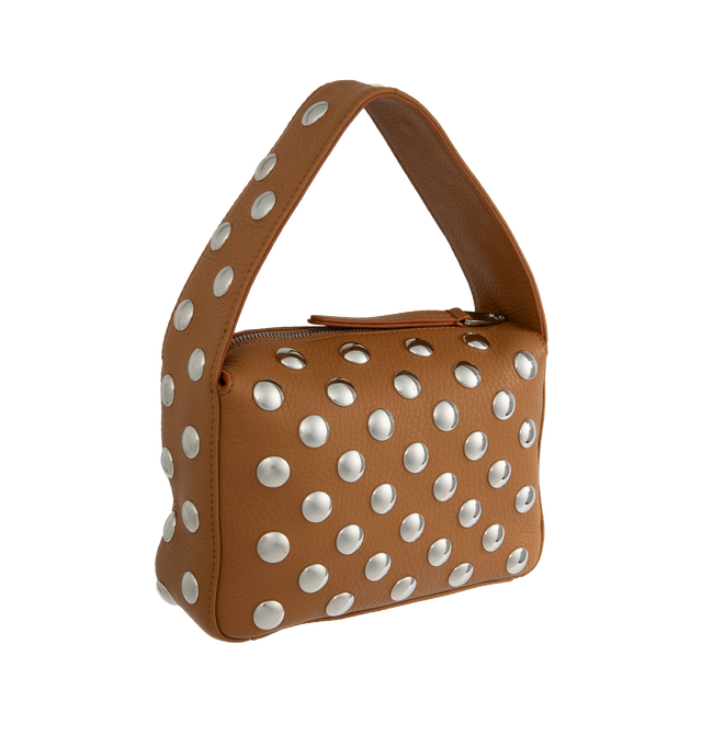 Image 2 of 3 - BROWN - KHAITE Elena Small Handbag with Silver Studs featuring a sculptural, studded interpretation of a classic box bag at a compact scale. With integrated strap, zippered top, and internal slip pocket. 5 in x 2.75 in x 7.5 in. Handle drop: 4 in. 100% calfskin. Zamac studs, nappa lining. 