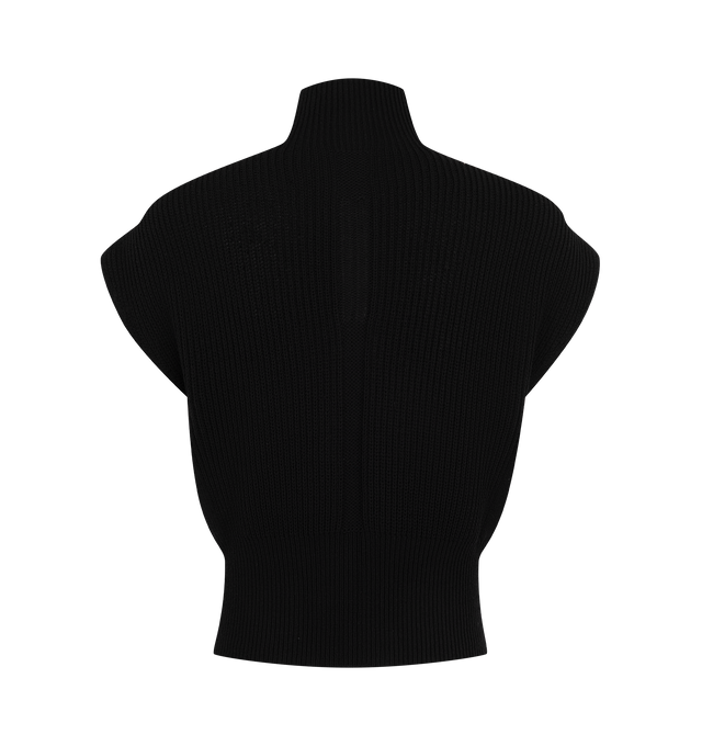 Image 2 of 2 - BLACK - Rick Owens Womens Sleeveless Turtleneck Sweater is crafted from lightweight wool knit. Features an above-hip silhouette, sleeveless design, wide shoulders, ribbed turtleneck, wide ribbed waistband, and the signature center back knit seam. Main Material: 100% Wool. Made in Italy. 