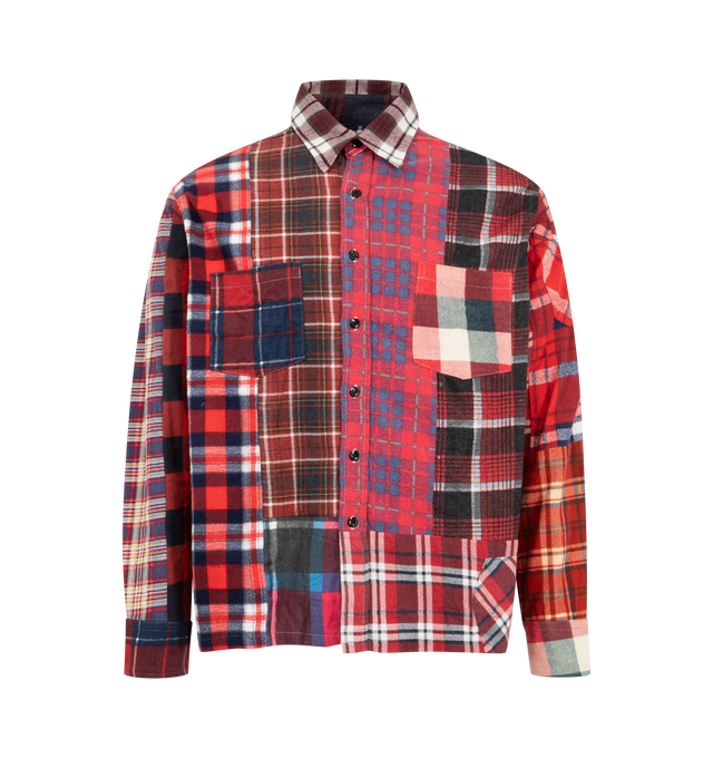 Image 1 of 8 - RED - Needles Men's Straight Hem Flannel Shirt is crafted from reworked cotton flannel and features a one-of-a-kind construction created from cut-and-sewn vintage flannel shirts. Designed with a straight hem, classic collar, button-front closure, chest pockets, and buttoned cuffs, each piece is unique and will vary in color, pattern, and panel placement. Main Material: 100% Cotton. Details: Reworked One-of-One Design, Straight Hem, Classic Collar, Chest Pockets, Buttoned Cuffs. Closure: Butto 
