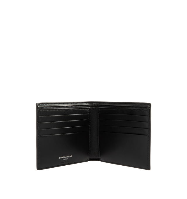 Image 3 of 3 - BLACK - Saint Laurent Men's Cassandre Bifold Wallet is crafted from calfskin leather and features the signature Cassandre logo with matte black metal hardware. Designed in a classic bifold silhouette, the interior includes two bill compartments, eight card slots, and two receipt compartments for everyday organization. Main Material: Calfskin Leather. Hardware: Matte Black Metal. Dimensions: 11.5 x 9.5 x 1.5 cm / 4.5 x 3.7 x 0.6 in. Interior: Two Bill Compartments, Eight Card Slots, Two Receip 