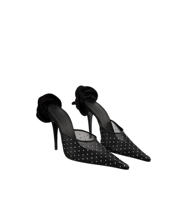 Image 2 of 4 - BLACK - Magda Butrym Pointed Toe Mules have knife heels with the designer's iconic 3D roses and mesh toe boxes detailed with all-over crystals. Leather soles.  