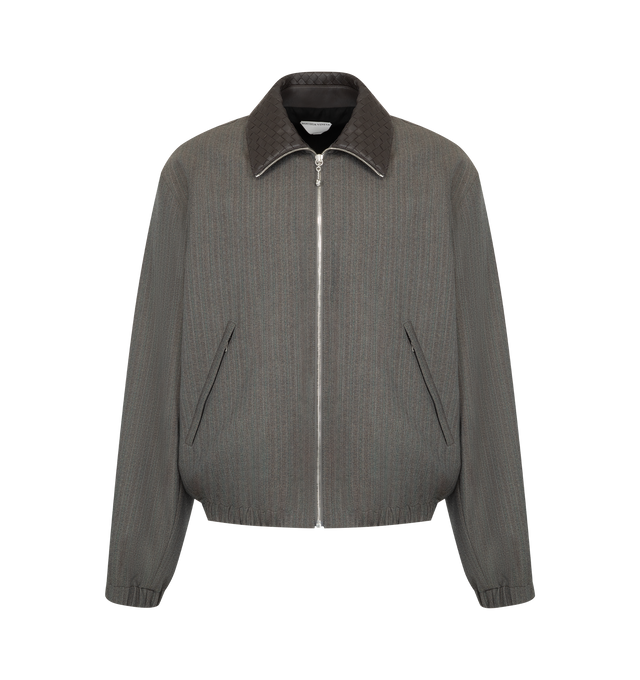Image 1 of 3 - GREY - Bottega Veneta Mens Blouson is crafted from a soft wool and mohair blend. Features a relaxed fit, subtle striped pattern, Intrecciato leather collar, front zip closure with signature metal knot puller, full lining, and side pockets. Main Material: Wool and Mohair; Collar: Intrecciato Leather. Made in Italy. 