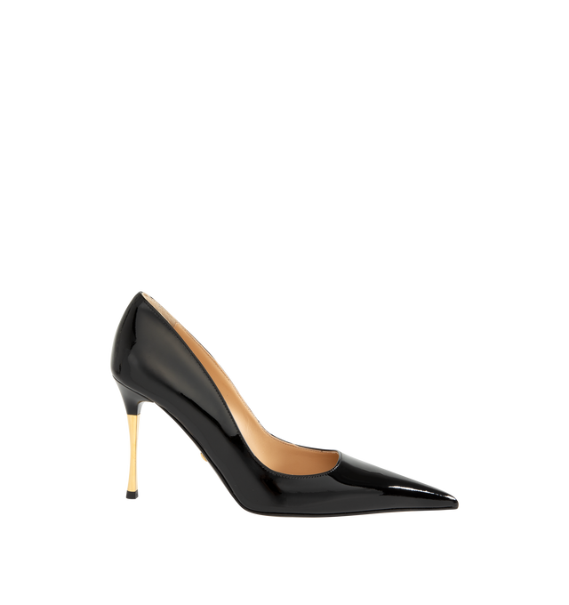 Image 1 of 4 - BLACK - Mach & Mach Women's Supernova Gold Heel Pump is crafted from glossy patent leather and features an elegant pointed-toe silhouette with a 95mm heel. Designed with a gold heel design for a refined statement. Main Material: Patent Leather.  Made in Italy. 