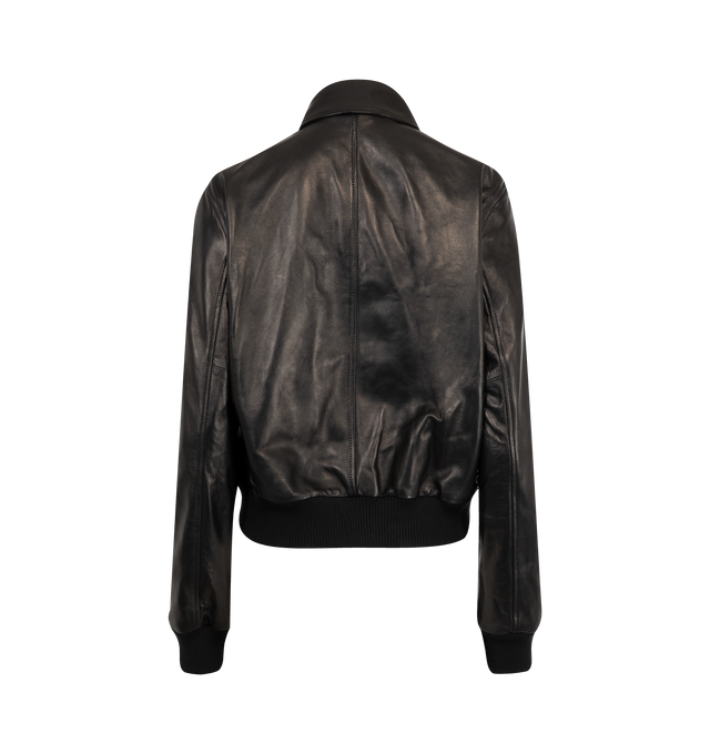 Image 2 of 3 - BLACK - NILI LOTAN Redley Leather Bomber Jacket featuring shrunken fit jacket in leather, patch front pocket with flaps, dual entry pockets, small shoulder, hidden snap closure, pointed collar, rib trim at hem and sleeve and blouson detail at back. 100% lambskin leather. 