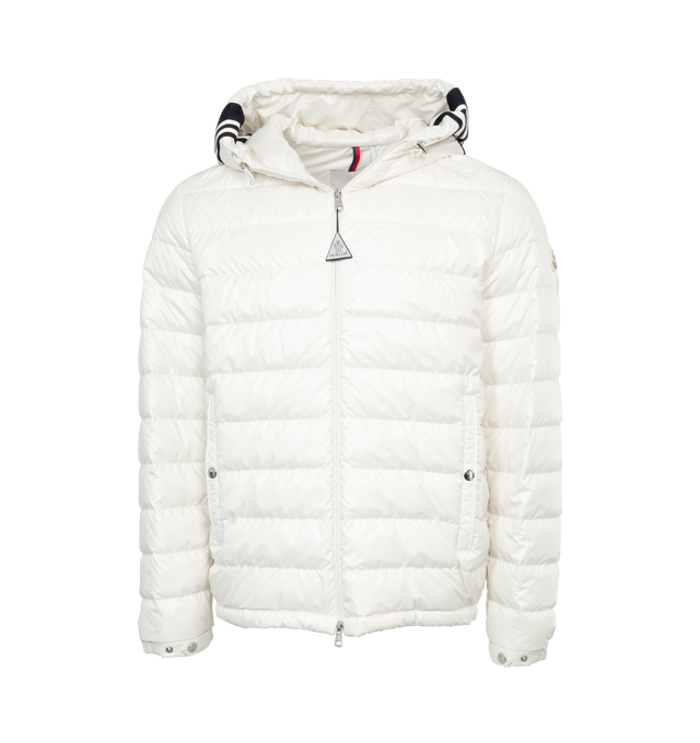 Image 1 of 4 - WHITE - MONCLER Cornour Padded Jacket featuring two-way zip fastening, adjustable hood, padded insulation, and rubberised logo and striped detailing across the hood. 100% polyester. Padding: 90% down, 10% feather. Made in Moldova. 
