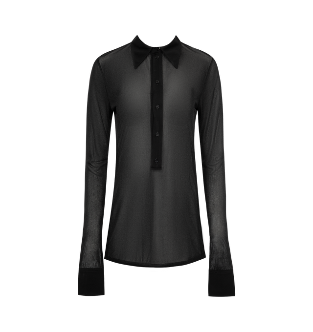 Image 1 of 2 - BLACK - SAINT LAURENT Polo Shirt featuring half button placket, pointed collar, semi sheer, long sleeves and straight hem. 100% viscose.  