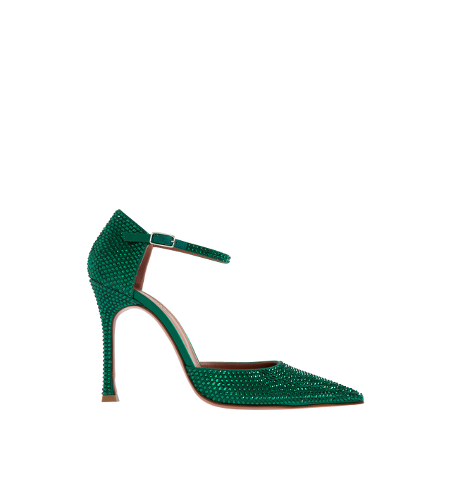 GREEN - Amina Muaddi Vittoria satin pump featuring emerald-tone crystals and 105mm heel, ankle strap with buckle, and pointed toe. 