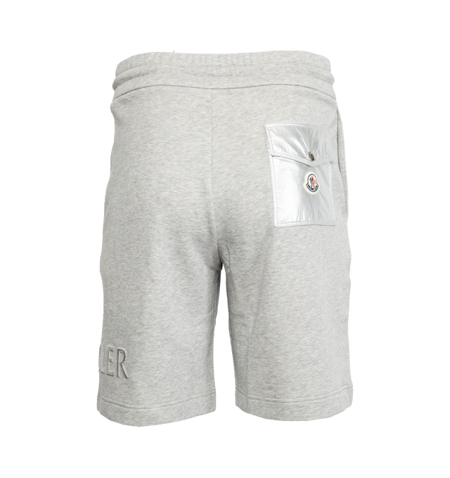 Image 2 of 3 - GREY - MONCLER Logo Shorts featuring waistband with drawstring fastening, laminated embossed logo and nylon patch pocket. 87% cotton, 13% polyamide/nylon. Made in Turkey. 