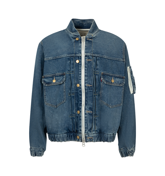 Image 1 of 4 - BLUE - Sacai X Levi's Men's Blouson Denim Jacket is crafted from a medium-dark wash cotton denim featuring a deconstructed denim design with a central zipper and utility pocket details on the sleeve. Main Material: 100% Cotton. Made in Japan. 