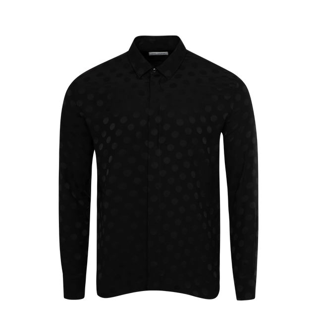 BLACK - SAINT LAURENT Dotted Shirt featuring and Yves collar, straight shoulders, concealed button placket, on button mitered cuff and curved, gusseted hem. 100% silk. Made in Italy. 