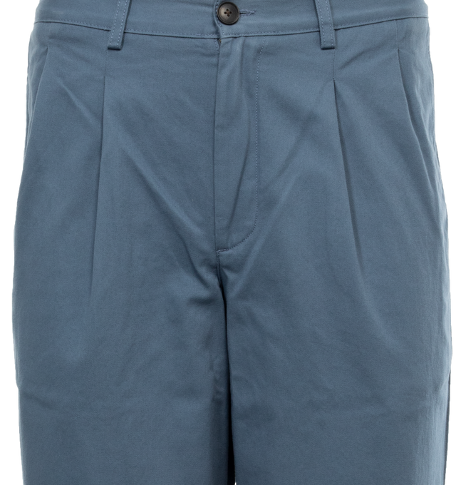 Image 4 of 4 - BLUE - NOAH Twill Double Pleated Pants featuring double-pleated with zip-fly and button-closure, side seam front pockets and besom back pockets with button-closure. 100% organic cotton denim. Made in Portugal. 