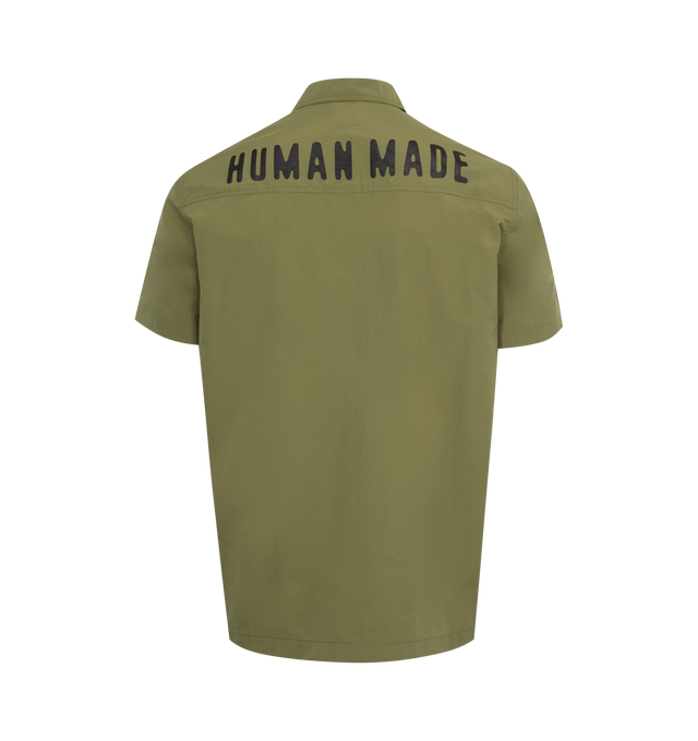 Image 2 of 2 - GREEN - HUMAN MADE Nylon Short Sleeve Shirt featuring classic collar, button closure, chest pockets rubber brand logo and woven brand label. 100% nylon. 