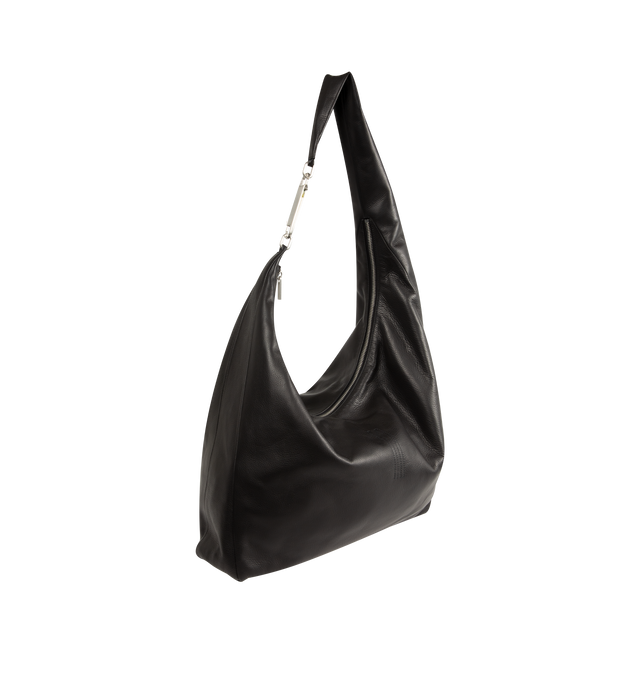 Image 2 of 3 - BLACK - Rick Owens Gemini Bag is crafted from glossy butter calf leather and features a large, soft A-shaped silhouette with a slouched center and curved shoulder strap. Designed with a top zip closure, Gemini double-ended snap hook engraved with the Rick Owens logo, an interior pouch pocket, and an exterior flat pocket with signature U-shaped stitching detail. Main Material: 100% Calf Leather. Dimensions: 54 cm x 38 cm x 12 cm. Fits: 13"16" laptop, documents, tablet, wallet, phone, water b 