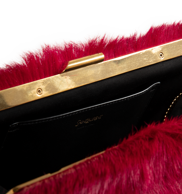 Image 3 of 3 - RED - SAINT LAURENT Large Clutch featuring pony hair exterior, grosgrain lining, kiss lock closure, one main compartment and interior slip pocket. 10.6" W x 8.1" H x 3.5" D. Made in Italy. 