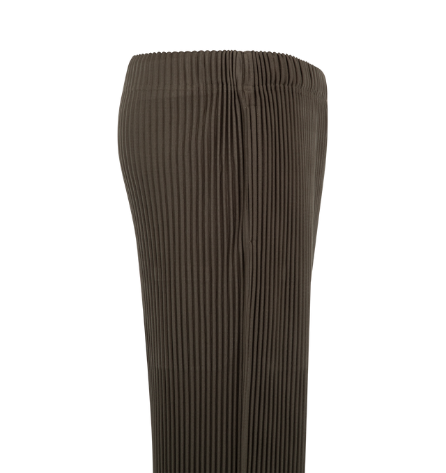 Image 3 of 3 - BROWN - Issey Miyake Mens Straight Pants are crafted from lightweight polyester. Feature a straight-leg silhouette, elasticized drawstring waistband, button fly, side pockets, quick-drying fabric, and light-reactive finish that creates a dimensional appearance. Main Material: 100% Polyester. Made in Japan. 