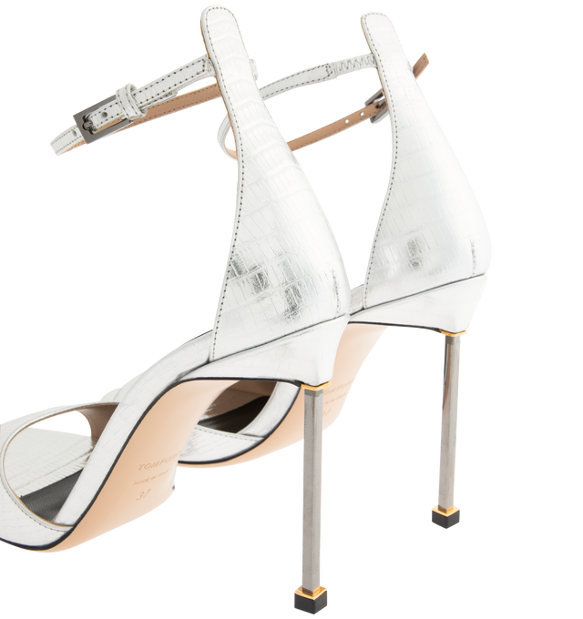 Image 3 of 4 - SILVER - TOM FORD Tejus Snake Print Laminated Leather Sandal featuring adjustable ankle strap, square metal stiletto heel and leather sole. 80% leather, 12% st, 8% brass. Made in Italy. 