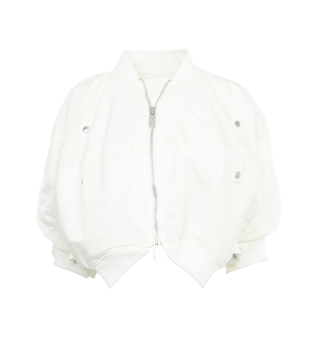WHITE - SACAI Nylon Twill Blouson featuring stud detailing, grosgrain ribbon trim, ribbed band collar, three-quarter length sleeves, sleeve zip pocket, two side stud-fastening pockets, ribbed cuffs and hem, full lining, front two-way zip fastening and branded zip puller. 100% nylon. 50% cotton, 50% polyester.