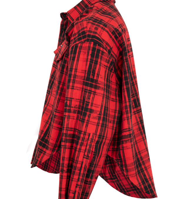 Image 3 of 3 - RED - VETEMENTS Cowboy Flannel Shirt featuring spread collar, button closure, flap pockets at chest, shirttail hem and locker loop at back yoke. Made in Portugal. 