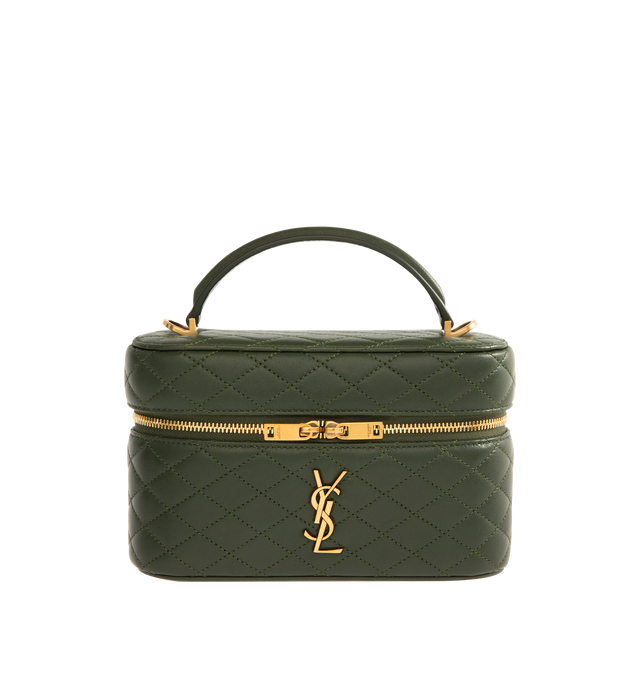 Image 1 of 3 - GREEN - Saint Laurent Gaby Mini Vanity Bag featuring zip closure, one card slot, diamond quilted overstitching, leather top handle and detachable strap. Fits a phone, keys, wallet, and other small essentials. 100% lambskin. Made in Italy. 